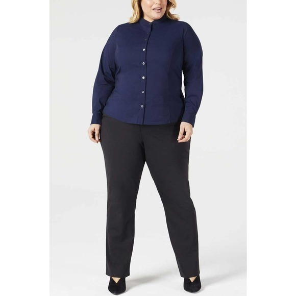 Pari Passu Mandarin Collar Button Up Shirt Fit B: "Curvier Body Type" Navy - Picture 1 of 8